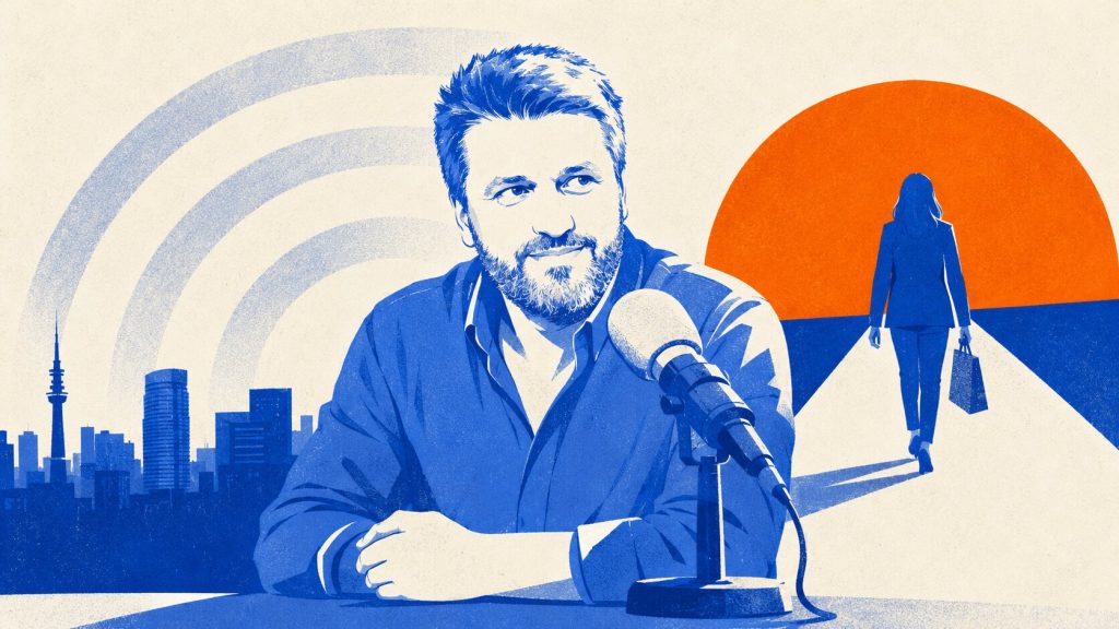 Ilustración editorial que representa el relevo de liderazgo en la radio española, con una figura masculina estilizada tomando el micrófono mientras una etapa anterior queda atrás, simbolizando renovación con continuidad.