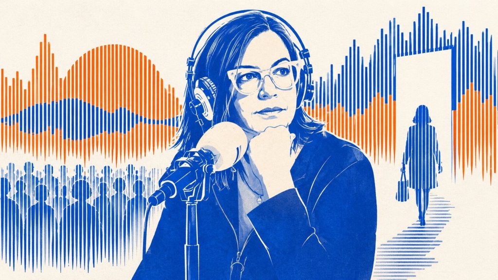 Ilustración de periodista con auriculares frente a micrófono de radio y ondas de audio en el fondo.