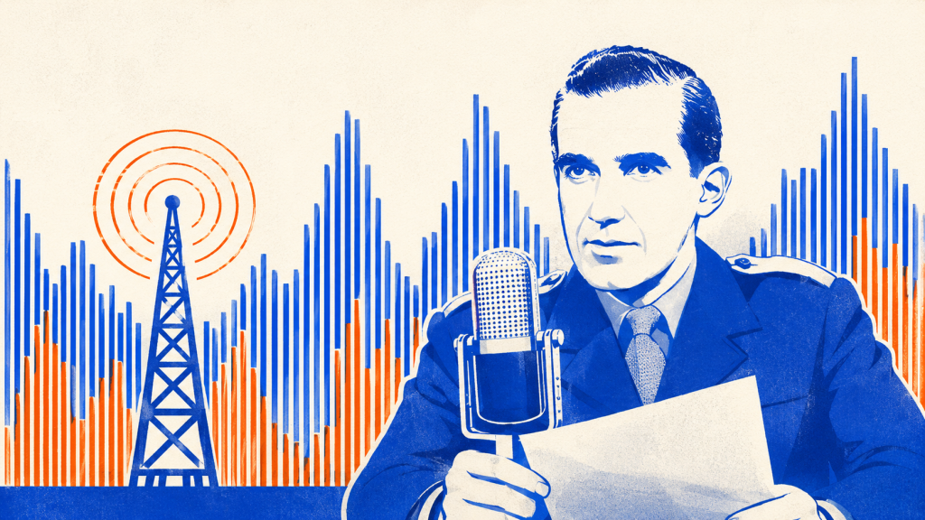 Ilustración de locutor de radio frente a micrófono con barras de audio y torre de transmisión.