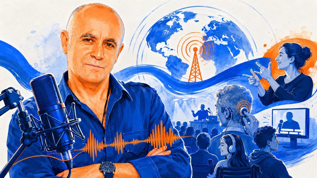 Ilustración editorial de locutor de radio con elementos de accesibilidad auditiva y lengua de signos.