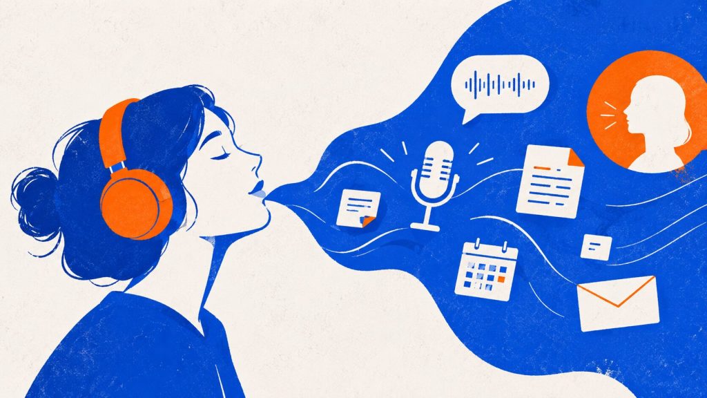 Ilustración de persona con auriculares rodeada de documentos, calendario y elementos de audio.