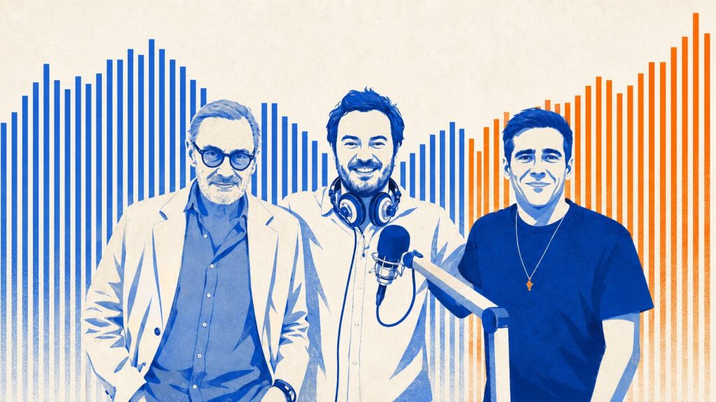 Ilustración editorial de tres comunicadores de radio frente a barras verticales azules y naranjas.