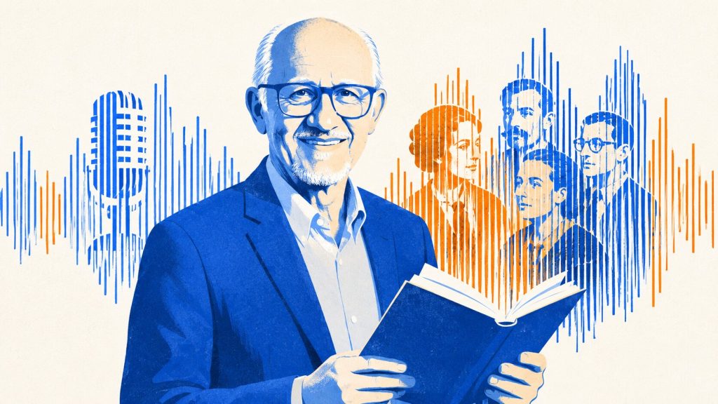 Eduardo Palacios, locutor paraguayo, sostiene su libro sobre historia de la radio, rodeado de siluetas de figuras históricas.