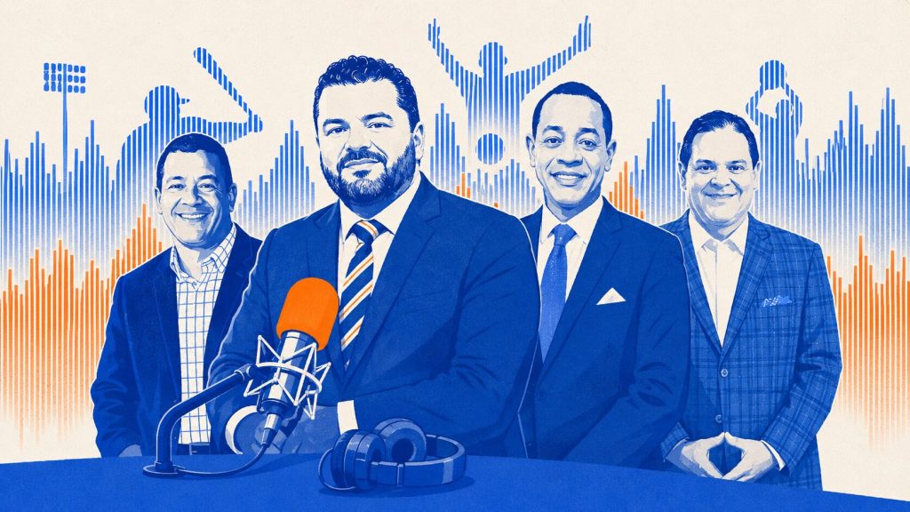 Ilustración editorial de los cuatro conductores de Grandes en los Deportes por su 15.º aniversario en la radio deportiva.