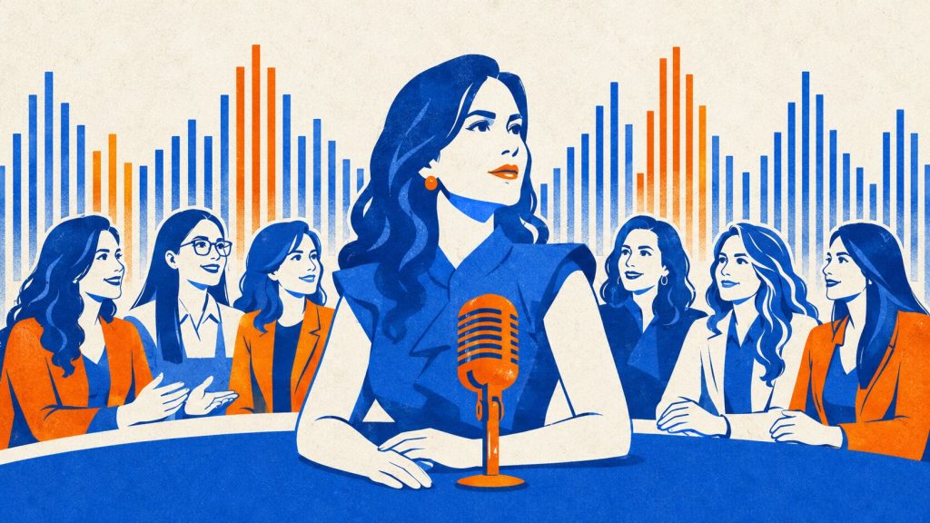 Panel de comunicadoras frente a micrófono con barras verticales simulando señales de radio.
